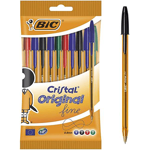 Bic Cristal Original Fine Pack de 10 Boligrafos de Bola - Punta Redonda de 0.8mm - Trazo de 0.30mm - Tinta con Base de Aceite - Translucido - Colores 