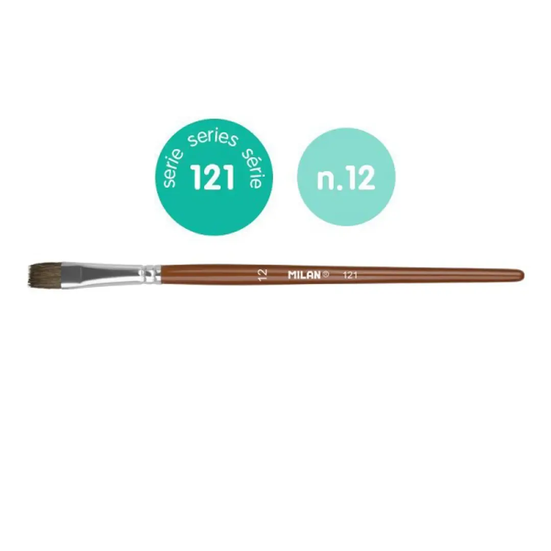 Milan 121 Pack de 6 Pinceles Escolares Planos Numero 12 - Bolsa con Colgador - Pelo de Cabra y Sintetico - Color Madera Oscuro 1