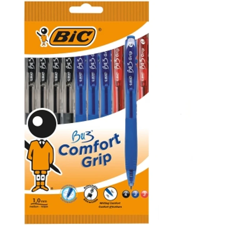 Bic Bu3 Pack de 10 Boligrafos Retractiles - Punta Media de 1mm - Trazo 0.32mm - Grip de Goma - Escritura mas Fluida - Colores Surtidos 1