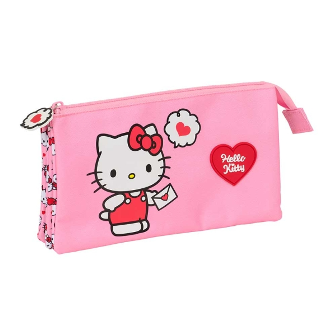 Safta Hello Kitty Portatodo - 3 Compartimentos con Cremalleras - Bolsillo Interior - 0.6L - 220x30x120mm - Color Rosa 1