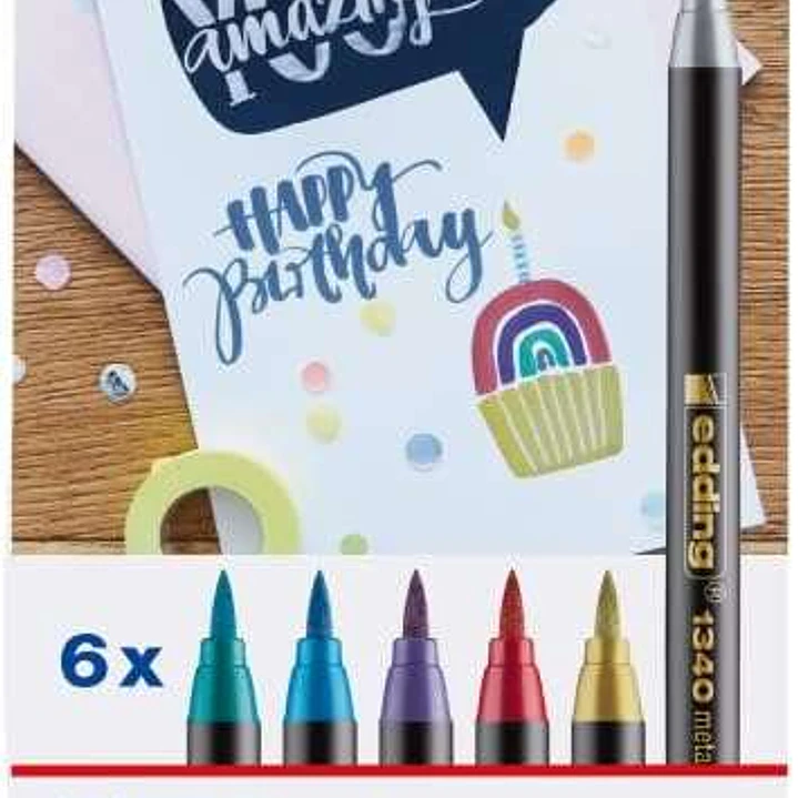 Edding 1340 Brush Pack de 6 Rotuladores - Punta Pincel Flexible - Trazo 1-3mm - Tinta con Base de Agua - Colores Oro, Rojo, Azul, Verde, Gris y Morado 1