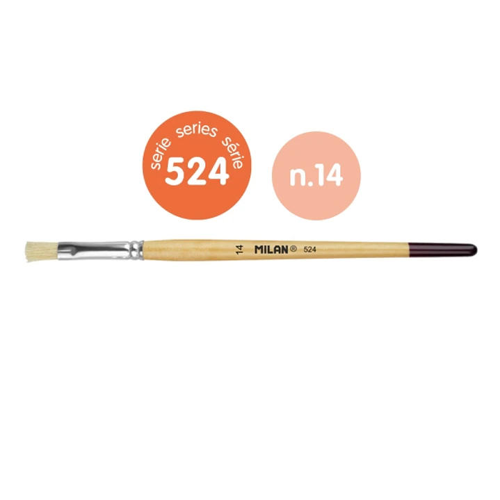 Milan 524 Pack de 6 Pinceles Planos Numero 14 - Bolsa con Colgador - Cerda Natural - Mango Corto - Color Madera Claro 1