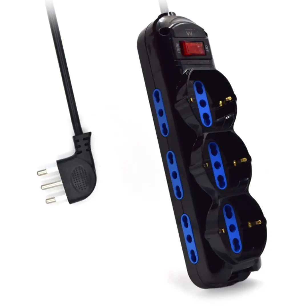 Ewent Regleta con 9 Tomas - 6 Tomas L + 3 Tomas L/F (Schuko) - Interruptor On/Off - Enchufe Italiano Plano en Angulo - Cable de 1.5m - Color Negro 1