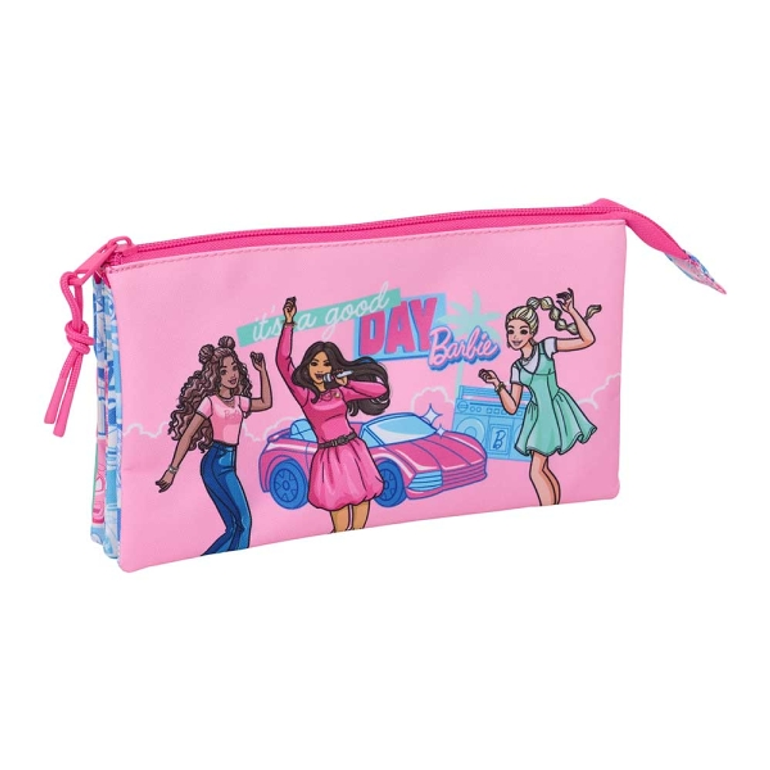 Safta Barbie Portatodo - 3 Compartimentos con Cremalleras - Bolsillo Interior - 0.6L - 220x30x120mm - Color Rosa 1