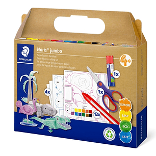 Staedtler Noris Junior Conjunto de Manualidades Pack de 9 Cera Jumbo Noris + Barra de Pegamento + Tijeras + 4 Plantillas para Manualidades - Colores S