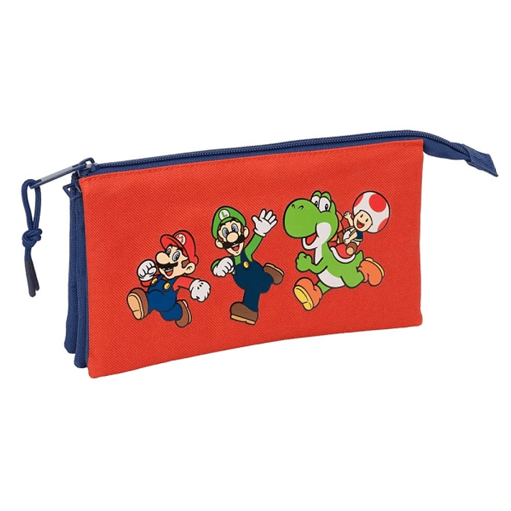 Safta Super Mario Mamma Mia Portatodo - 3 Compartimentos con Cremalleras - Bolsillo Interior - 0.60L - 220x30x120mm - Color Rojo y Azul 1