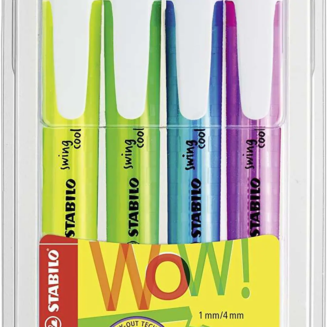 Stabilo Swing Cool Pack de 4 Marcadores Fluorescentes - Cuerpo Plano - Punta Biselada - Trazo entre 1 y 4mm - Tinta con Base de Agua - Antisecado - Co 1