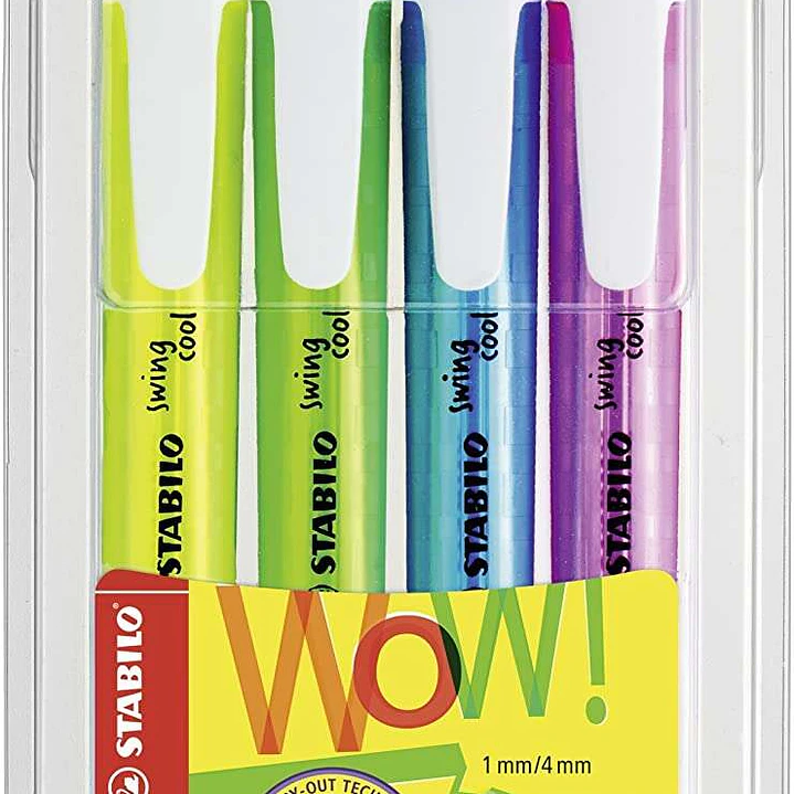 Stabilo Swing Cool Pack de 4 Marcadores Fluorescentes - Cuerpo Plano - Punta Biselada - Trazo entre 1 y 4mm - Tinta con Base de Agua - Antisecado - Co 1