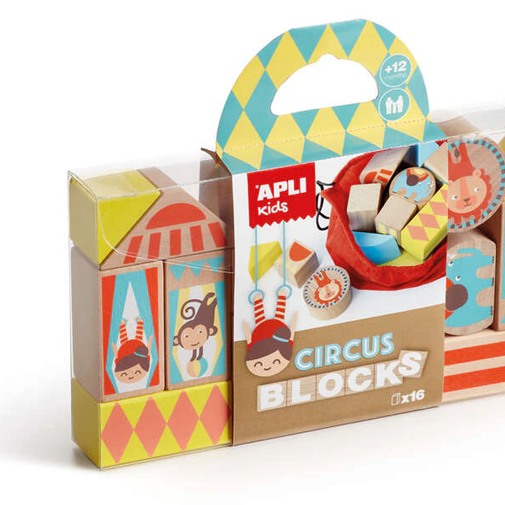 Apli Juego de Bloques de Madera Apilables Modelo Circo - 16 Piezas con Bolsa de Tela - Pino de Alta Calidad con Impresion a Todo Color - Estimula Sent 1