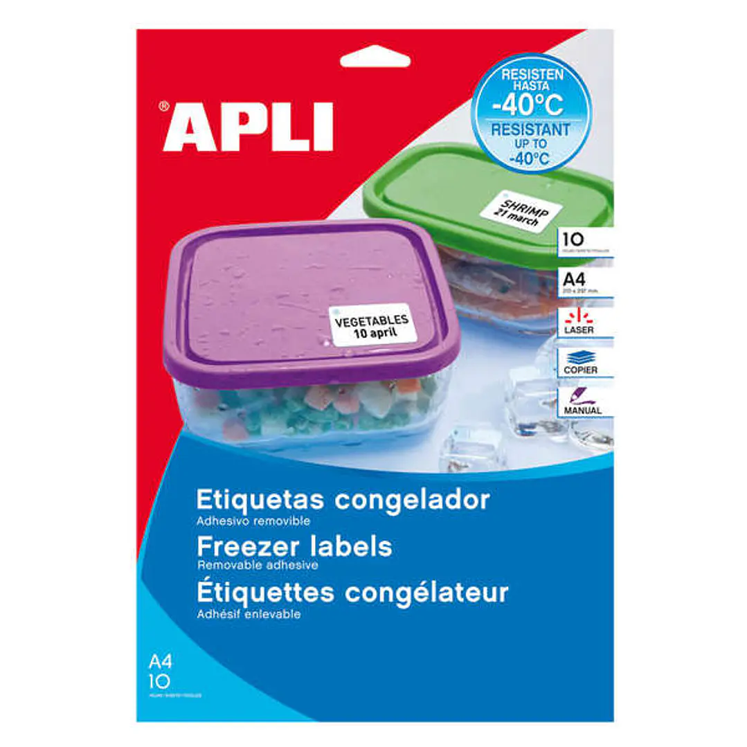 Apli Pack de 650 Etiquetas Especiales para Congelador 38.1x21.2mm - 10 Hojas por 65 Etiquetas - Adhesivo Removible Resistente hasta -40º - Cantos Rect 1
