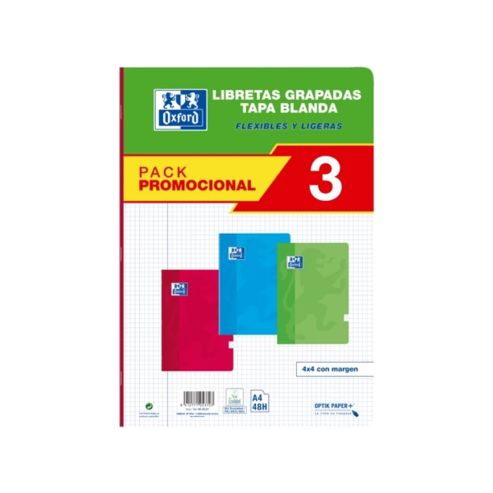Oxford School Classic Pack 3 - Libreta Grapada A4 - Tapa Blanda - 4x4 con Margen - 48 Hojas - 3 Colores 1