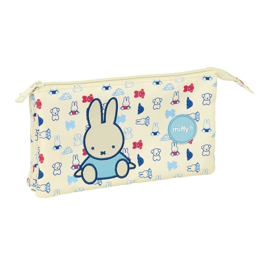 Safta Miffy Buddy Portatodo - 3 Compartimentos con Cremalleras - Resistente al Agua - Material Reciclado - 0.6L - 220x30x120mm - Color Beige 1