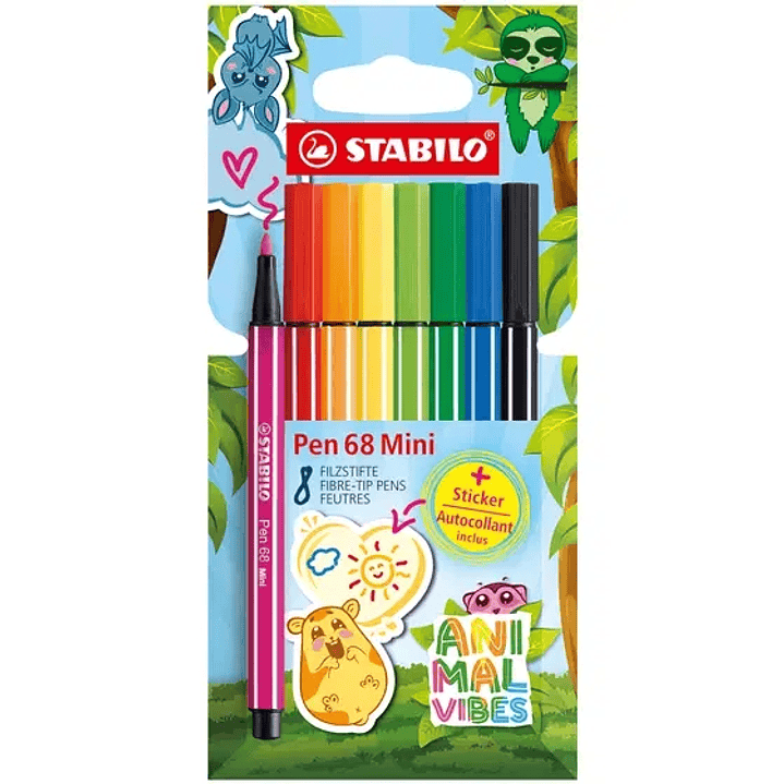 Stabilo Pen 68 Mini Animal Vibes Pack con 8 Rotuladores - Punta de Fibra - Incluye 5 Pegatinas Personalizables - Trazo de 1mm aprox. - Tinta a Base de 1
