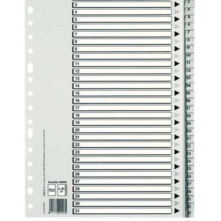Esselte Bolsa de 25 Indices Numericos de Plastico - Pestañas 1 al 31 - Multitaladro - Formato Folio - Color Gris 1
