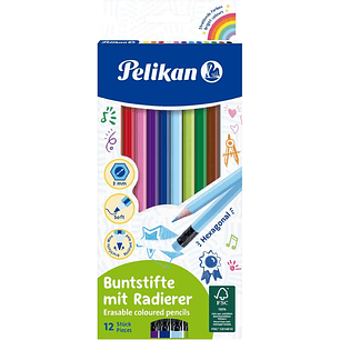 Pelikan Caja de 12 Lapices de Colores Borrables Hexagonales - con Goma - Mina Antirotura - Certificacion FSC