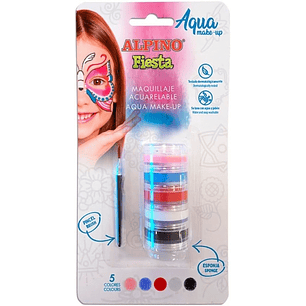 Alpino Fiesta Aqua Make-up Pack Torre de Maquillaje Facial Acuarelable con 5 Colores Diferentes + Pincel + Esponja - Se Lava con Agua y Jabon - Testad