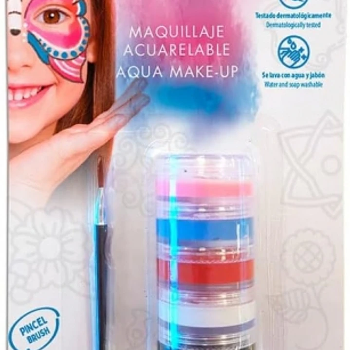 Alpino Fiesta Aqua Make-up Pack Torre de Maquillaje Facial Acuarelable con 5 Colores Diferentes + Pincel + Esponja - Se Lava con Agua y Jabon - Testad 1