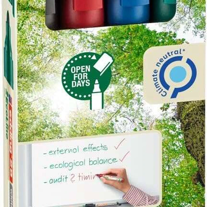 Edding 28 EcoLine Pack de 4 Rotuladores para Pizarra Blanca - Punta Redonda - Trazo 1.5-3mm - 90% de Plastico Reciclado - Borrado en Seco - Colores Su 1
