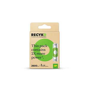 GP ReCyko Pack de 2 Pilas Recargables 2600mAh AA 1.2V - Precargadas - Ciclo de Vida: Hasta 1.000 Veces