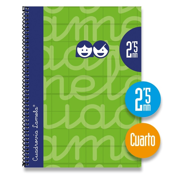 Lamela Cuaderno Espiral con 80 Hojas de 70g/m2 con Margen - Formato Cuarto - Pauta Cuadrovia de 2.5mm - Cubierta Extra Dura - Papel Offset Blanco Extr 1
