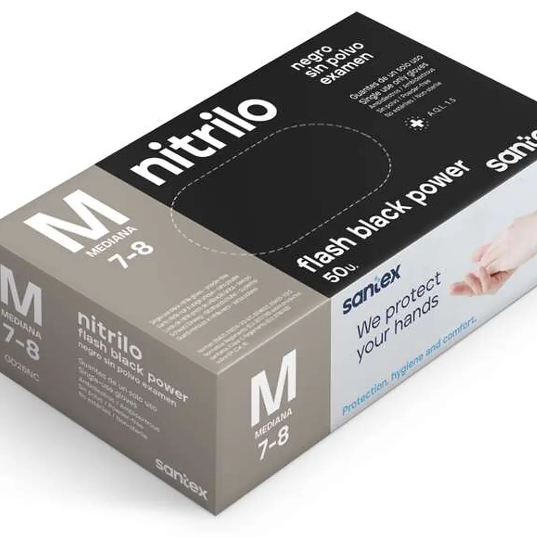 Santex Flash Black Power Pack de 50 Guantes de Nitrilo Talla M - Dibujo Diamante Texturizado - Sin Polvo - Libre de Latex - No Esteriles - Color Negro 1