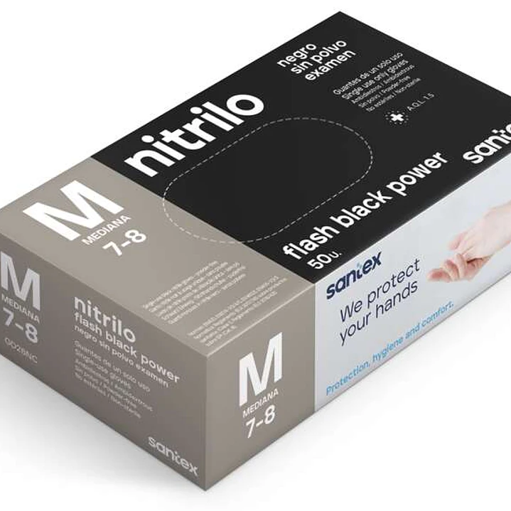 Santex Flash Black Power Pack de 50 Guantes de Nitrilo Talla M - Dibujo Diamante Texturizado - Sin Polvo - Libre de Latex - No Esteriles - Color Negro 1