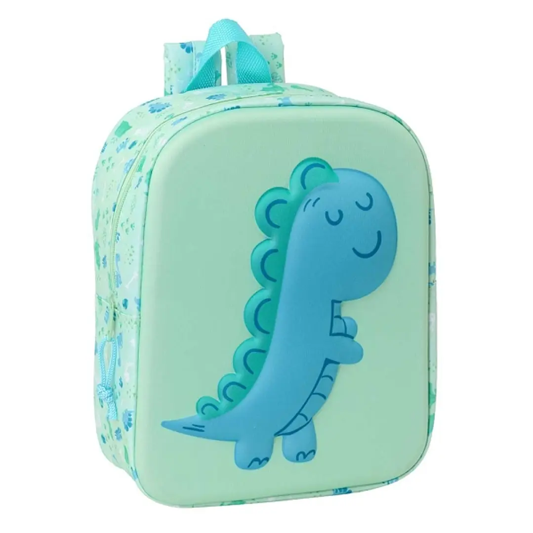 Safta Dino Mochila Guarderia 3D de 6L - Asa de Mano Superior - Asas Regulables y Acolchadas - Cierre de Cremallera - 22x27x10cm - Color Menta 1