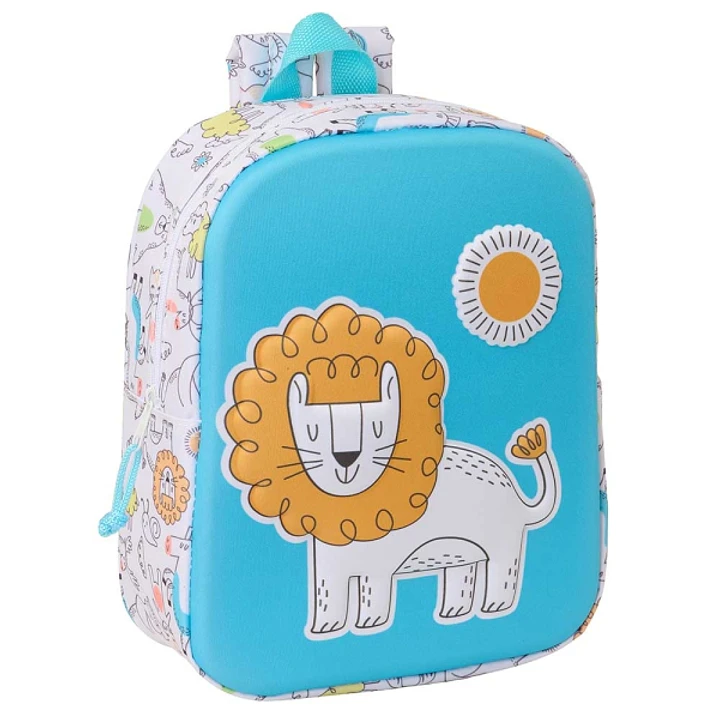 Safta Lion Mochila Guarderia 3D de 6L - Asa de Mano Superior - Asas Regulables y Acolchadas - Cierre de Cremallera - 22x27x10cm - Color Blanco y Azul 1