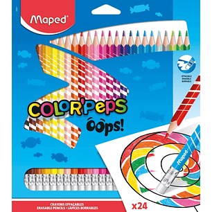 Maped Color´Peps Oops Pack de 24 Lapices de Colores Borrables - Mina 2.9mm - Con Goma de Borrar - Sin Madera - Colores Surtidos