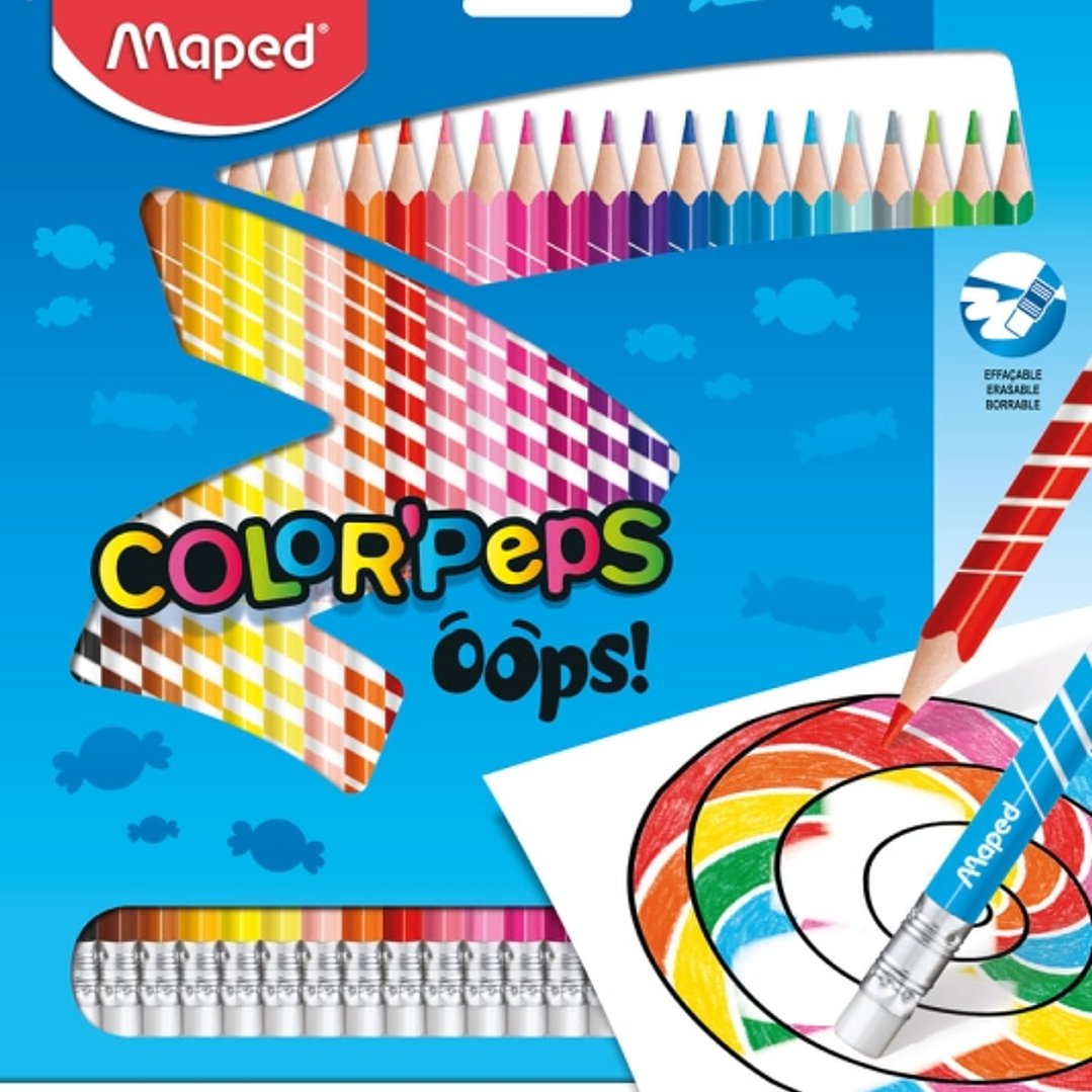 Maped Color´Peps Oops Pack de 24 Lapices de Colores Borrables - Mina 2.9mm - Con Goma de Borrar - Sin Madera - Colores Surtidos 1