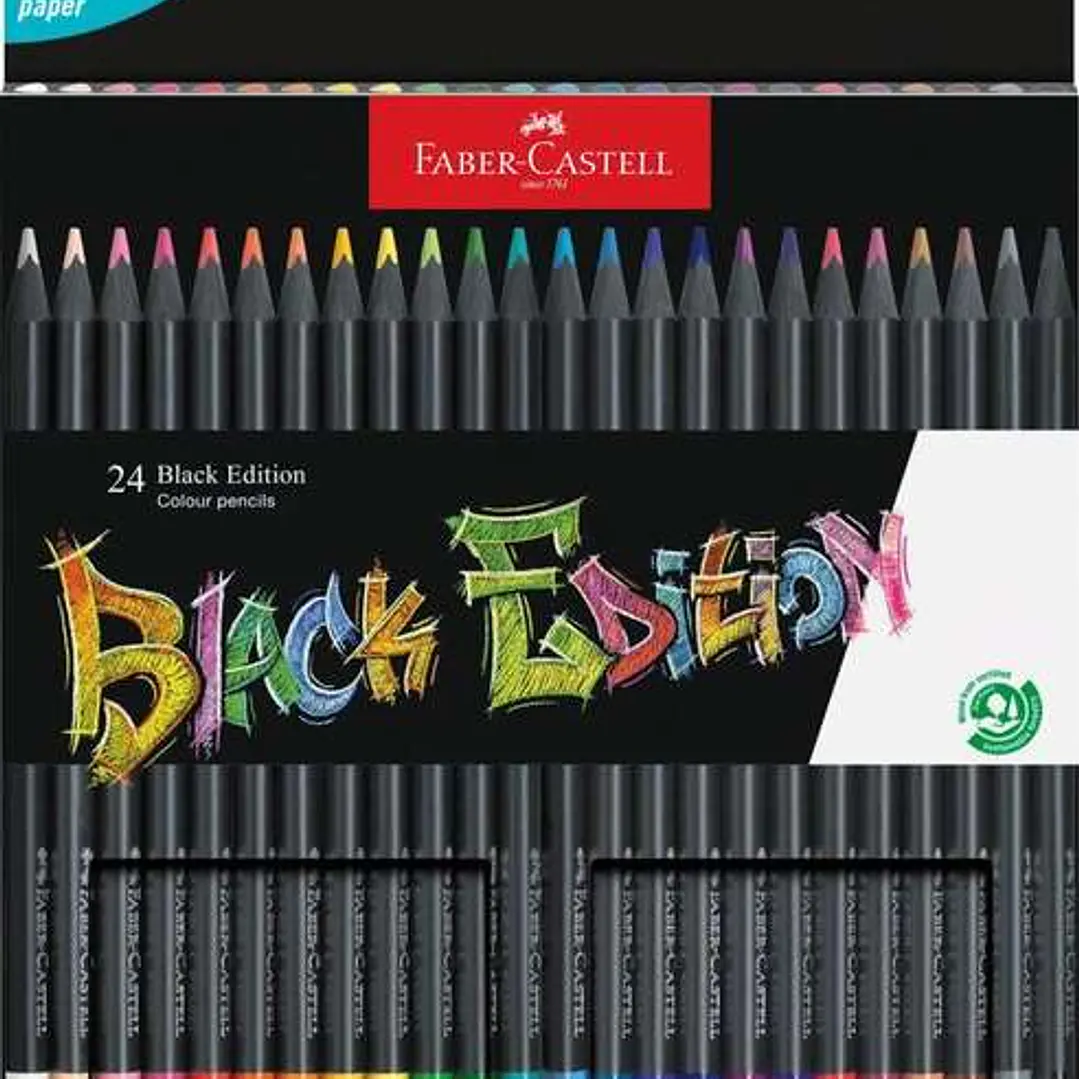 Faber-Castell Black Edition Pack de 24 Lapices de Colores - Mina Supersuave - Madera Negra - Ideales para Dibujo sobre Papel Claro, Oscuro y de Colore 1