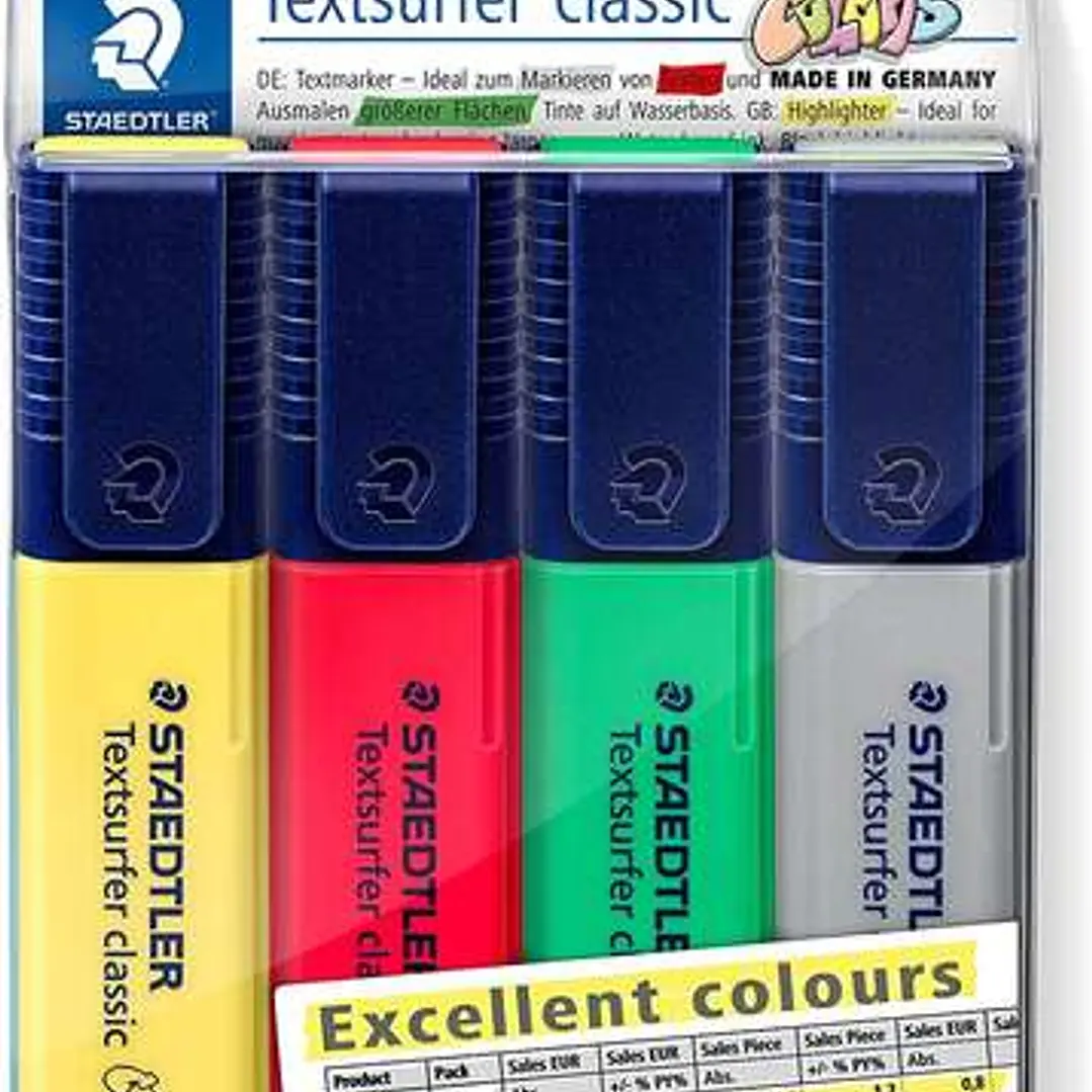 Staedtler Textsurfer Classic 364 Pack de 4 Marcadores Fluorescentes - Punta Biselada 1 - 5mm Aprox - Secado Rapido - Colores Surtidos 1