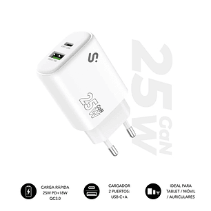 Subblim Cargador de Pared GaN 25W - USB-C + USB-A -  Carga rápida - Color Blanco