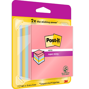 Post-It Super Sticky Cubo de 400 Notas Adhesivas Reposicionables - Colores Arcoiris - 76x76mm - Colores Surtidos