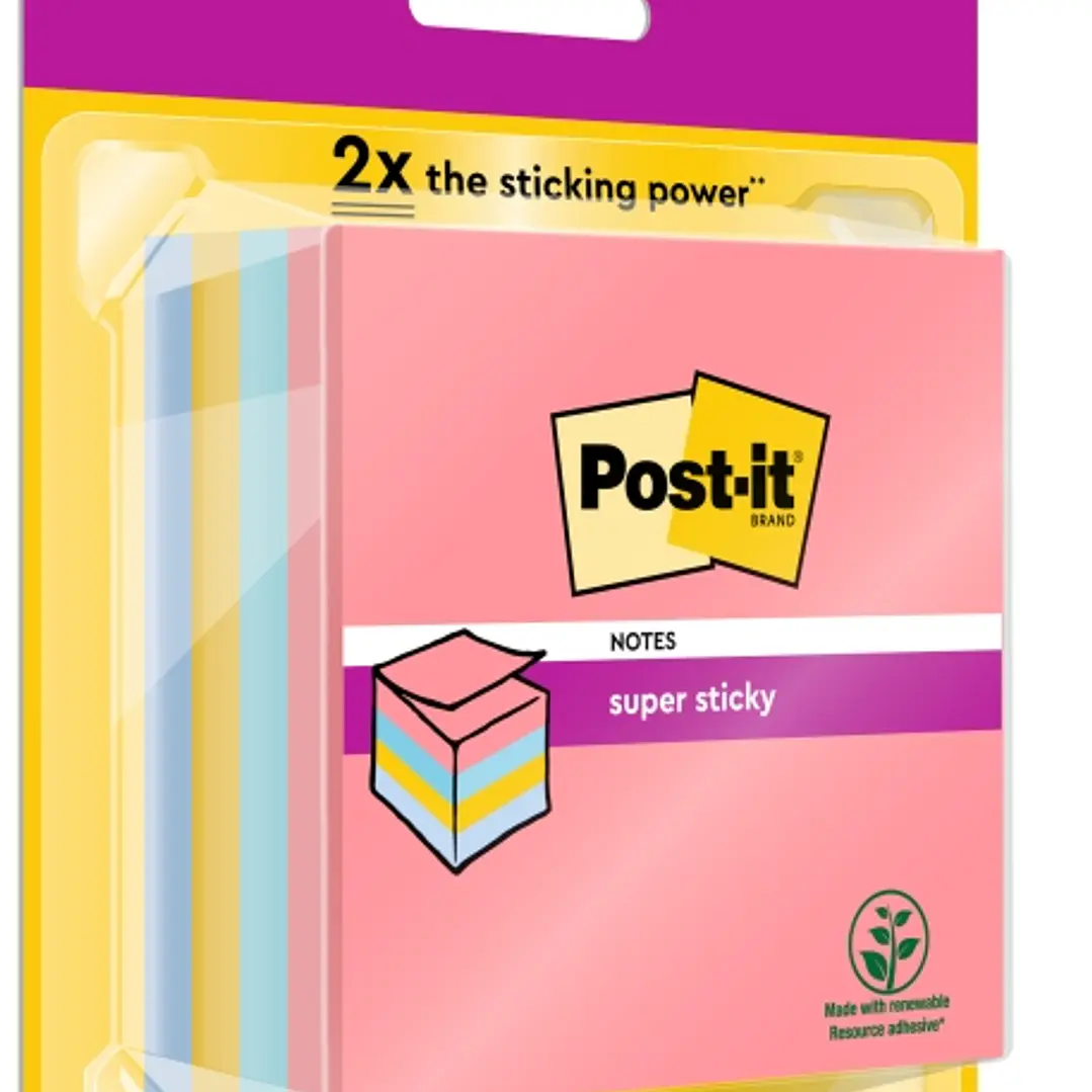 Post-It Super Sticky Cubo de 400 Notas Adhesivas Reposicionables - Colores Arcoiris - 76x76mm - Colores Surtidos 1