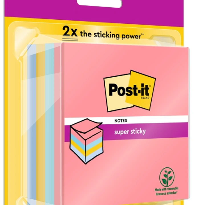 Post-It Super Sticky Cubo de 400 Notas Adhesivas Reposicionables - Colores Arcoiris - 76x76mm - Colores Surtidos 1