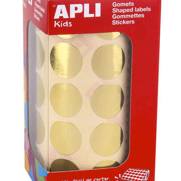 Apli Gomets Redondos Oro Metalizado - Tamaño Ø 20mm - Adhesivo Permanente - 1770 Gomets por Rollo - Ideal para Actividades Creativas y Educativas 1