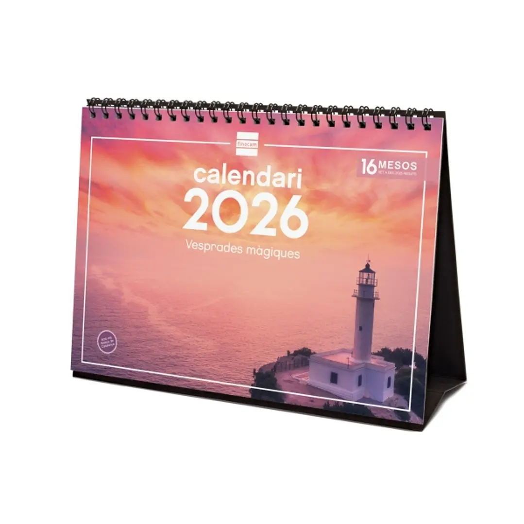 Finocam Calendario de Sobremesa en Catalan - Anual 2026 - Imagenes Variadas - Espacio para Escribir - Tematica de Atardeceres Magicos 1