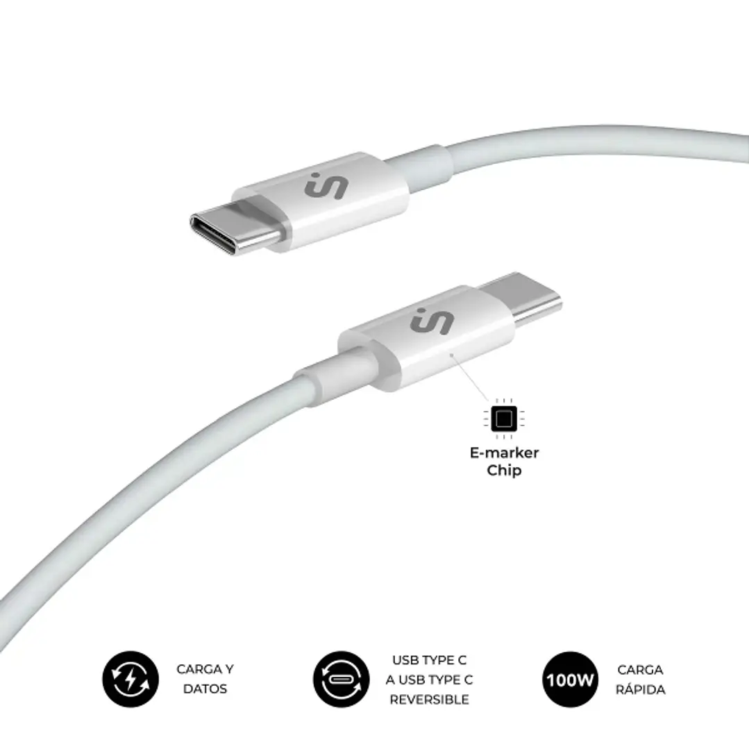 Subblim Cable Plus USB-C - 100W - Nylon Trenzado - 480Mbps - Chip E-Marker - 1 Metro - Color Blanco 1