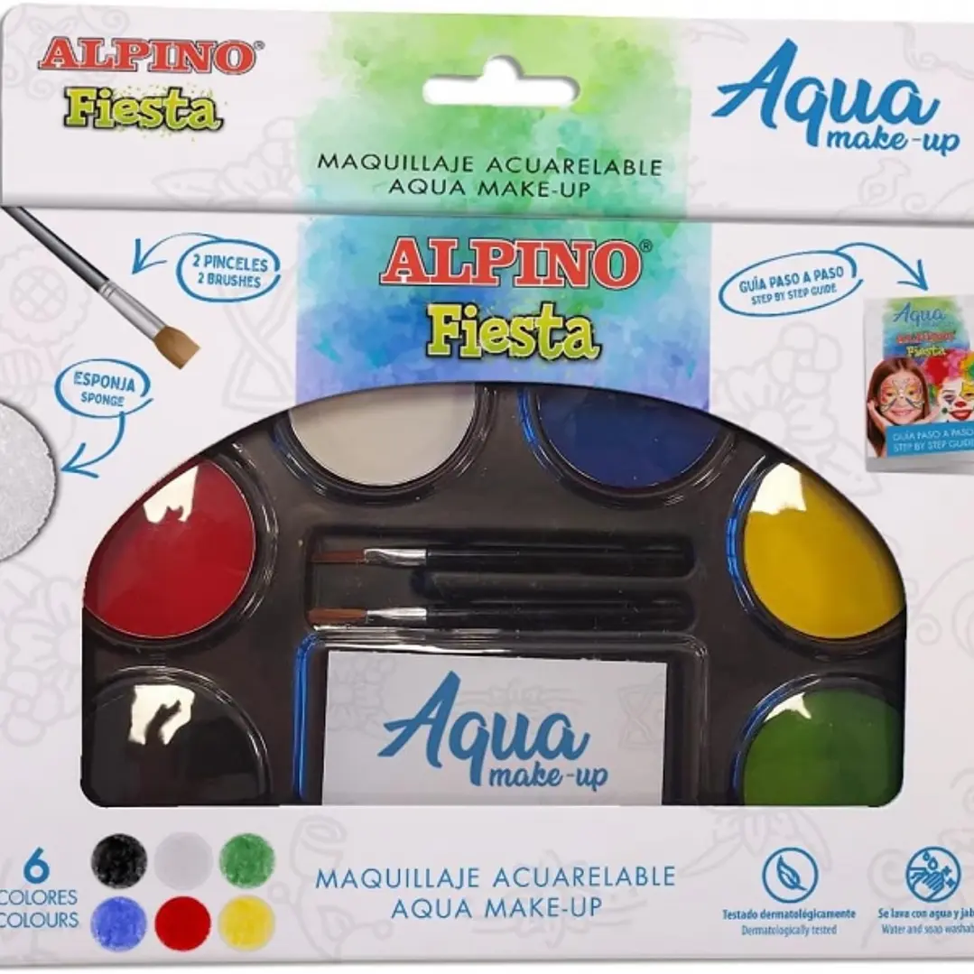 Alpino Fiesta Aqua Make-up Pack con Paleta de Maquillaje Acuarelable con 6 Colores + 2 Pinceles + Esponja y Guia de Uso - Se Lava con Agua y Jabon - C 1