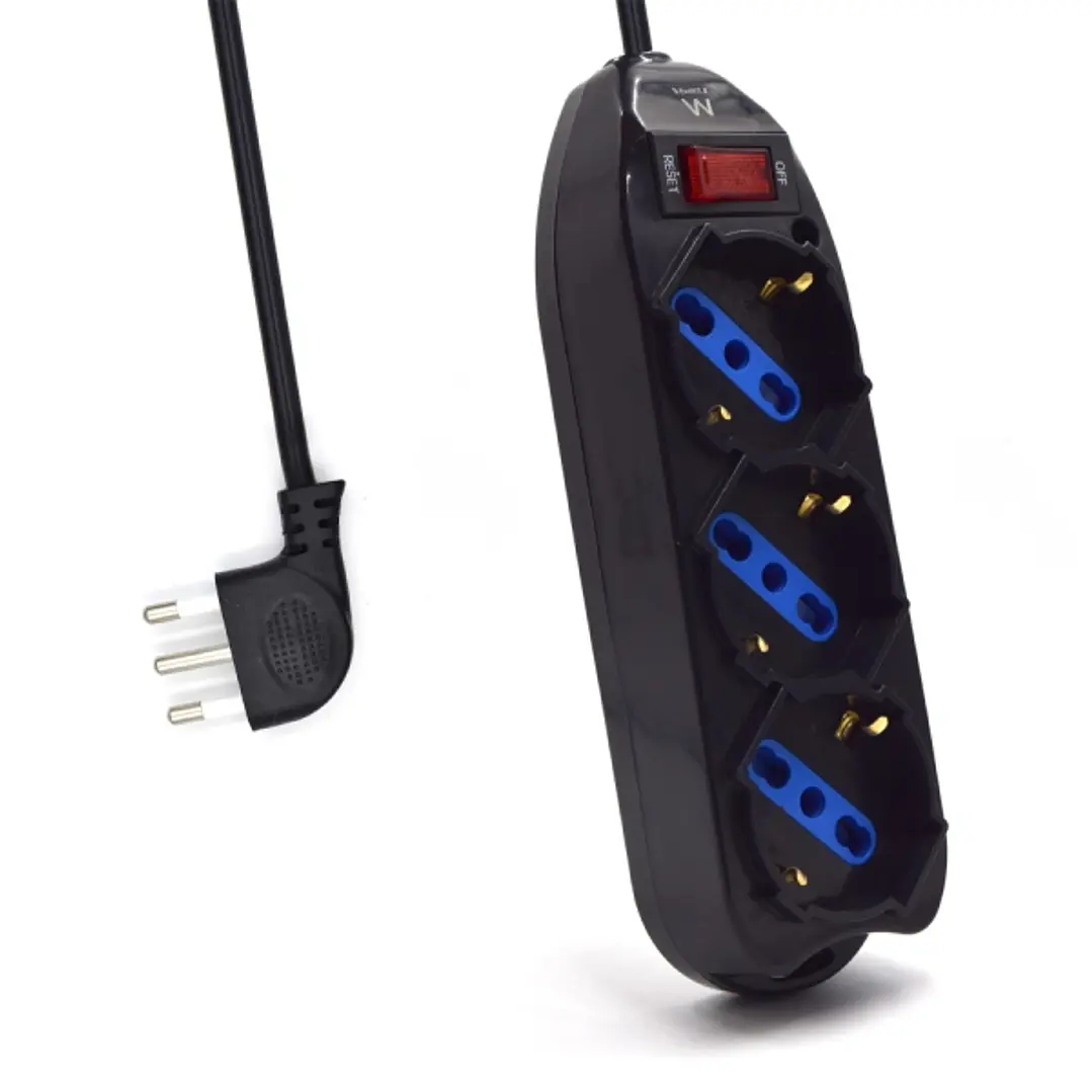 Ewent Regleta con 3 Tomas Tipo L/F (Schuko) de 10/16A - Interruptor On/Off - Enchufe Italiano Plano en Angulo - Cable de 1.5m - Color Negro 1