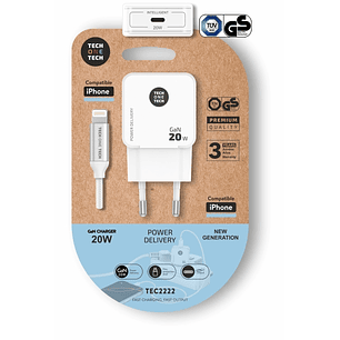TechOneTech Cargador de Pared Ultrarrápido GaN 20w Blanco + Cable Apple