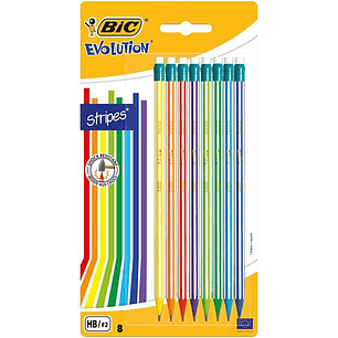 Bic Evolution Stripes Pack de 8 Lapices de Grafito Hexagonales con Goma de Borrar - Mina HB Ultraresistente - Fabricados en Resina Sintetica - Cuerpo 