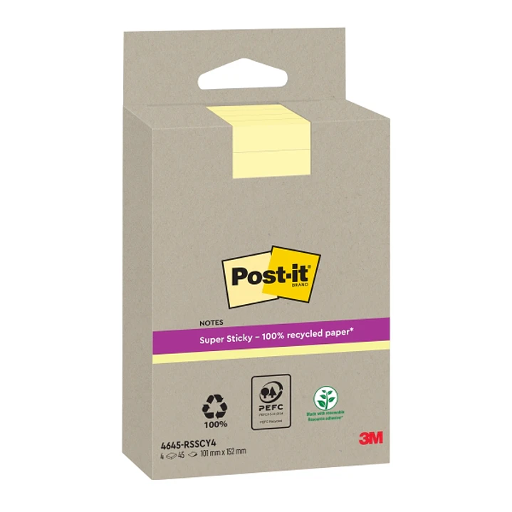 Post-It Super Sticky Pack de 4 Blocs de 45 Notas Adhesivas Recicladas - Forma Rectangular - 102x152mm - Color Amarillo Claro 1