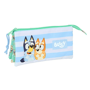Safta Bluey Sisters Portatodo - 3 Compartimentos con Cremalleras - Bolsillo Interior - 0.6L - 220x30x120mm - Color Azul