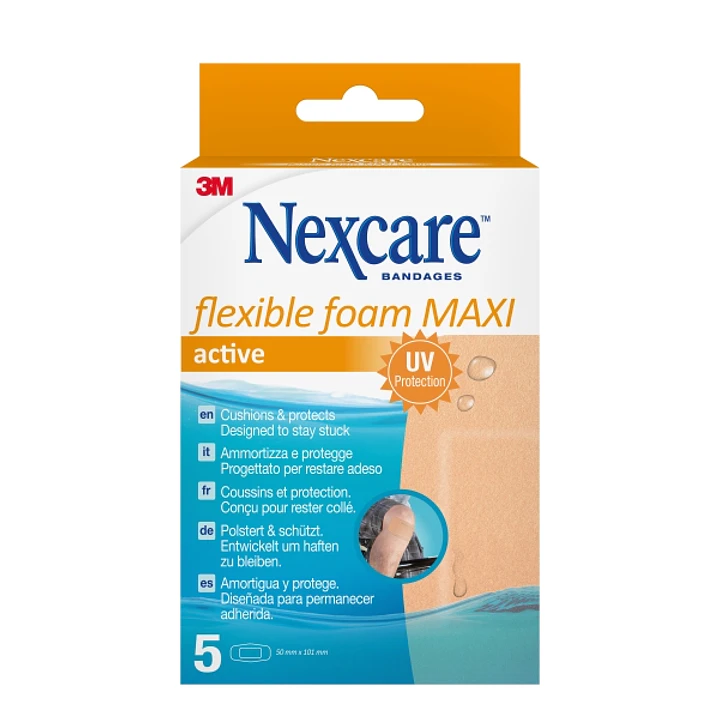 Nexcare Flexible Foam Maxi Active Pack de 5 Apositos para Heridas - 50x101mm - Flexibles - Transpirable - Resistente al Agua - Color Piel 1