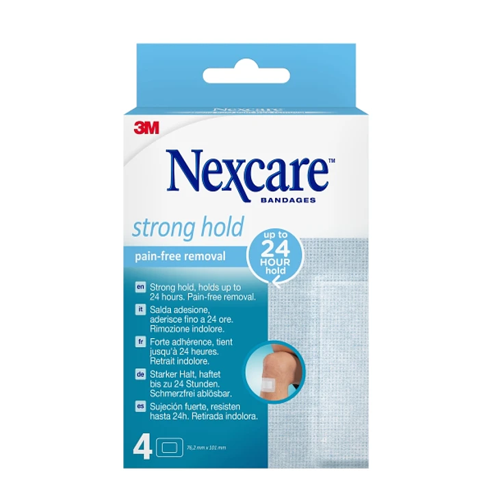Nexcare Strong Hold Pack de 4 Apositos para Heridas - 76.2x101mm - Retirada Sin Dolor - Transpirables - Reposicionables - Color Blanco 1