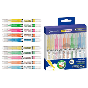 Bismark Long-Life Pack de 10 Marcadores Fluorescentes - 5x Neon y 5x Pastel - Tinta Liquida - Punta Biselada - Ideal para Subrayar y Resaltar - Colore