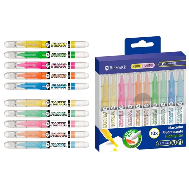 Bismark Long-Life Pack de 10 Marcadores Fluorescentes - 5x Neon y 5x Pastel - Tinta Liquida - Punta Biselada - Ideal para Subrayar y Resaltar - Colore 1
