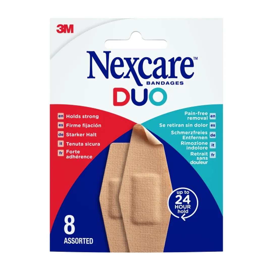 Nexcare Duo Pack de 8 Apositos Surtidos - Retirada Sin Dolor - Resistente al Agua - Transpirable - Color Piel 1